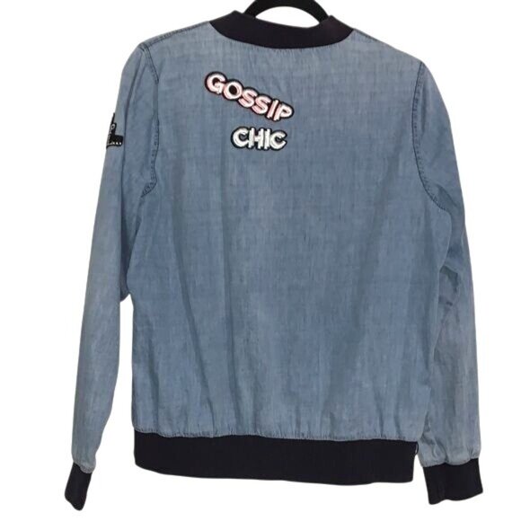 Say What? Denim Bomber Jacket With Patches & Ribbed Trim - Picture 3 of 8